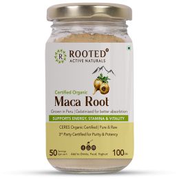 Rooted Active Naturals: Maca Root Extract powder (100 g) -Stamina, Virility, Hormonal support| Imported from Peru, Certified Organic, Gelatinised