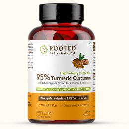 Rooted Active Naturals: Curcumin (95%) Reishi & Black pepper Extract (for better absorbtion)1300mg, for Immunity, Joints Cardio Health| 90 VEG Capsules, 500 Mg each