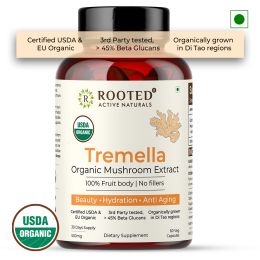 Rooted Active Naturals: Tremella Mushroom Extract  (60 Veg caps, 500 mg) |Beauty, Skin Glow, Collagen booster, Hyalyronic acid, Hydration| USDA Organic, 45% Beta Glucans