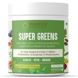 Rooted Active Naturals: Superfood Greens, Mushrooms & Herbs blend| (250 g), 22 Daily Greens & Fruits, 5 Mushrooms, Probiotics & Enzymes | Rich in vitamins, minerals, iron, fiber & antioxidants