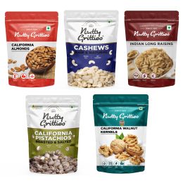Nutty Gritties: Mixed Daily Needs Nuts Dry Fruits - Almonds, Walnuts Kernels, Cashews, Roasted Salted Pistachios and Raisins Combo - 1Kg (5 Pack of 200g each)