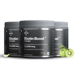 SETU: Plant-Based Biotin Boost Powder -150G (Pack of 3) | Unisex |Biotin for Hair Growth with Natural Sesbania, Amla, Spinach, Bamboo & Guava Leaf | Healthy Hair, Skin & Nails | Lemon Flavour