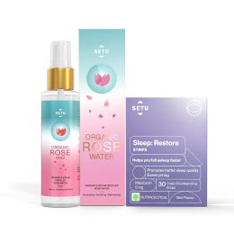 SETU: Rose Water Combo Packs 2 | Rose Water Hydrating, Soothing, Refreshing - 100 gm & Sleep: Restore, Melatonin 5mg - 30 Strips, Relaxation & Sleep, Mint Flavour