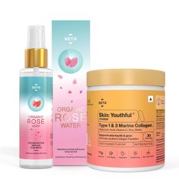 SETU: Rose Water & Collagen Combo Pack | Rose Water Hydrating, Refreshing, 100 gm & Skin Youthful Marine Collagen Powder with N-Acetylglucosamine, Vit C, Zinc & Biotin, Peach Mango Flavour