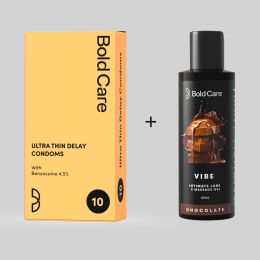 Bold Care: Combo of Ultra Thin Long Last Condoms  - Lubricated - Pack Of 10 & Chocolate Vibe - Intimate Lube & Massage Gel - 100ml