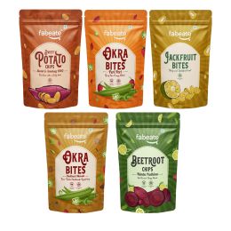 Fabeato: Vegetable Chips Combo, Chettinad & Peri Peri Flavors Okra chips, Smokey BBQ Sweet Potato Chips, Nimbu Pudhina Flavour Beetroot Chips|Jack Fruit, Vacuum Fried|Pack of 5 - 185g
