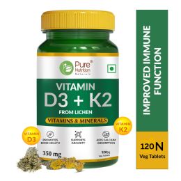 Pure Nutrition: Vitamin D3 (Lichen Source) + Vitamin K2 (Mk-7 55Mcg) 600 IU | 120 Veg Tablets