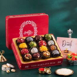 The Baklava Box: Red Tin Festive Box with Indian Fusion Box - 500gm