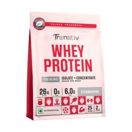 TruNativ: Whey protein powder | Blend with Isolate and Concentrate | 26g Protein | 6g BCAA | No added Sugar| Strawberry (907g / 2lbs)