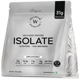 Wellbeing Nutrition: 100% Whey Protein Isolate (Unflavoured) | 31g Protein, 15.4g EAA, 7.1g BCAA | 4B CFU Probiotics & Natural Digestive Enzymes | 99% Lactose Free |No Bloating, Easy to Digest | 1kg