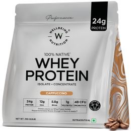 Wellbeing Nutrition: Whey Protein Isolate + Concentrate (Cappuccino) | 24g Protein, 12g EAA, 5.8g BCAA | Clinically Proven 2x Muscle Protein Synthesis| 4B CFU Probiotics & Digestive Enzymes | 1kg