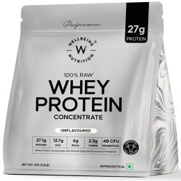 Wellbeing Nutrition: 100% Raw Whey Protein Concentrate (Unflavoured) | 27g Protein, 12.7g EAA, 6g BCAA | 4B CFU Probiotics & Natural Digestive Enzymes | No Bloating, Easy to Digest | 1kg