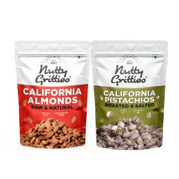 Nutty Gritties: Combo of Jumbo California Almonds 200gm & Roasted Pistachios -Pack of 2 - 200gm each