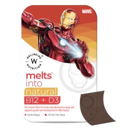 Wellbeing Nutrition: Iron Man Melts | Kids Organic Vitamin B12, D3+K2 and Folate - Mango Flavor (30 Oral Thin Strips)