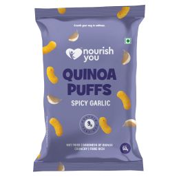 Nourish You: Organic Quinoa Puffs - Quinoa Snack , Spicy garlic flavour , Healthy snacks , Gluten free -50gm