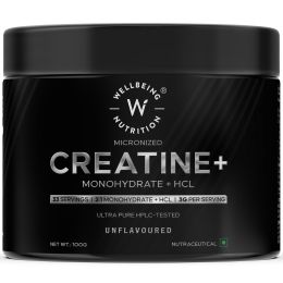 Wellbeing Nutrition: 100% Pure Micronised Creatine Powder Monohydrate + HCL Unflavoured 100g, 33 servings  Tested for Purity  For Muscle Strength & Recovery, Muscle Growth & Cognition  For Men & Women