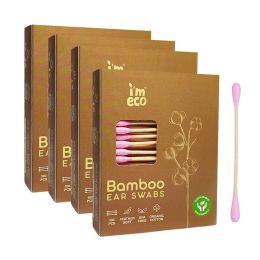Amwoodo: IMECO Bamboo Ear Swabs | 100 Soft Double-Tip Cotton Buds | Pack of 4