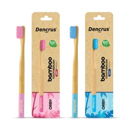 Amwoodo: Orby Plus Bamboo Toothbrush For Adults | 100% Natural Soft Bristles | Blue & Pink | Pack of 2