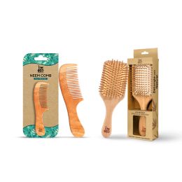 Amwoodo: Wide Tooth Neem Wood Comb & Bamboo Hair Brush Combo | Hair Comb Set | Unisex | Frizz Control