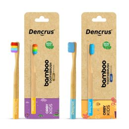 Amwoodo: Orby Kids Bamboo Toothbrush For Kids | 100% Natural Soft Bristles | Rainbow, Blue | Pack of 2