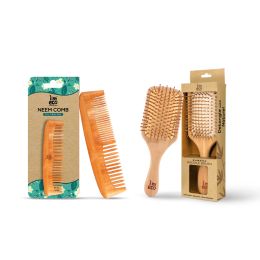 Amwoodo: Dual Tooth Neem Wood Comb & Bamboo Hair Brush Combo | Hair Comb Set | Unisex | Frizz Control