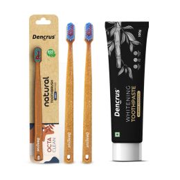 Amwoodo: Charcoal Toothpaste And Octa Clean Bamboo Toothbrush Pack of 2 Combo | Charcoal Oral Care Combo