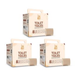 Amwoodo: Bamboo Toilet Tissue Rolls | Unbleached | 3 Ply | 8 Rolls Set | 220 Pulls Per Roll | Pack of 3