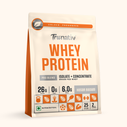 TruNativ: Whey protein powder | Blend with Isolate and Concentrate | 26g Protein | 6g BCAA | No added Sugar| Kesar Badam (907g / 2lbs)
