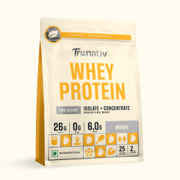 TruNativ: Whey protein powder | Blend with Isolate and Concentrate | 26g Protein | 6g BCAA | No added Sugar | Mango (907g / 2lbs)
