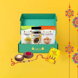 Ambrosia: Classic Dry Fruits Gift Box with Rakhi Tikka & Greeting Card 750g