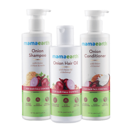 Mamaearth: Anti Hair Fall Spa Range with Onion Hair Oil + Onion Shampoo + Onion Conditioner for Hair Fall Control