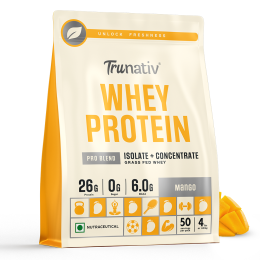TruNativ: Trunativ Pro Blend Whey Protein | Mango | 26g Protein & 6g BCAA per Serving | Grass-Fed Isolate & Concentrate| Lab Tested for Purity & Accuracy | No Added Sugar | Supports Muscle Recovery & Strength | 1.8 kg (4 lbs), Vegetarian