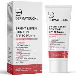 Dermatouch: BRIGHT & EVEN SKIN TONE SPF 50 PA++++ SUNSCREEN Gel Cream for Tanning, Uneven Skin Tone & Sun Protection / Suitable for Dry to Oily & Mildly Sensitive Skin | 50gm