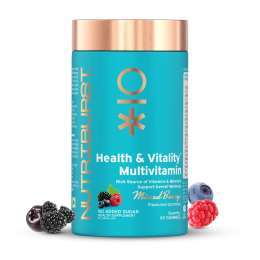 NUTRIBURST: Health & Vitality Gummies with Multi Vitamins A, B, C, D, E & Biotin No-Added Sugar Mixed Berry Flavor 100% Vegetarian 220gm