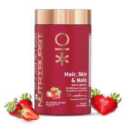 NUTRIBURST: Biotin Gummies for Healthy Hair, Skin & Nails Growth With High Potency 10000 mcg of Sesbania Extract Natural Biotin, Zinc, Folic Acid, No-Added Sugar, Strawberry Flavor 220gm