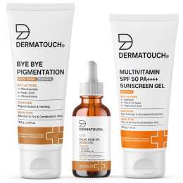 Dermatouch: Pigmentation Control Trio for All Skin Types | Face Wash 70gm+ Kojic Acid 2% Serum 30ml + Sunscreen PA++++ 50gm| Niacinamide, Kojic Acid & Glutathione | Tanning, Dark Spots & Sun Damage | Dermatologically Tested