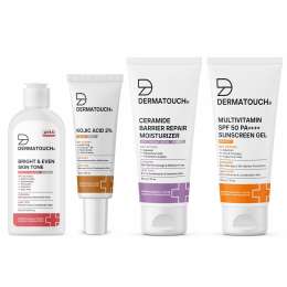 Dermatouch: Brightening Kit for All Skin Types | Cleanser 50ml + Ceramide Moisturiser 50gm + Kojic Acid Cream 15gm + Sunscreen PA++++ 50gm| Niacinamide, Vitamin E, Kojic Acid & Hyaluronic Acid | Dark Spots & Uneven Tone