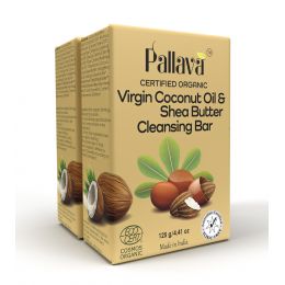 Pallava Organics: Virgin Coconut Oil and Shea Butter Cleansing Bar - (125gm X 2) Pack of 2