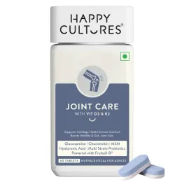 Happy Cultures: Joint Care with Vitamin D3 & K2 | Supports Knee Comfort & Mobility | Promotes Cartilage Health | Glucosamine & MSM Formula | With Probiotics |120gm| 60 Tablets