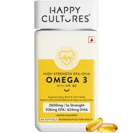 Happy Cultures: 5X Omega-3, High Strength - 2600mg | EPA 936mg & DHA 624mg | Supports Heart, Brain & Joint Health | No Fishy Burps | Premium Fish Oil Softgels |100gm| 60 Capsules