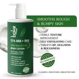 Bake Cosmetics: 12% AHA + BHA Body Lotion with Lactic Acid & Salicylic Acid for Body Acne, Rough & Bumpy Skin, Strawberry Legs 300ml