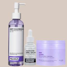 Frankly: Pore Perfect Clear Skin Routine | Deep Cleansing Oil + Toner Pads + Niacinamide 15% Zinc Beads Serum