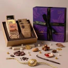 Kokomae: Raksha Bandhan Signature Chocolate Gift Hamper | 3 Bean-to-Bar Chocolate Bars, 3 Chocolate Coated Nuts, Complimentary Rakhi & Greeting Card