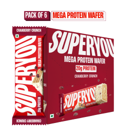 SuperYou: Cranberry Crunch Mega Protein Wafer Bar (Pack of 6) 20G Protein, 4.8g Fibre, No Added Sugar | Yeast Fermented |Energy Bars|Crunchy Wafer Bar|100% Vegetarian|No Palm Oil | 360g