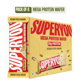 SuperYou: Kesar Pista Badam Mega Protein Wafer Bar (Pack of 6) 20G Protein, 4.8g Fibre, No Added Sugar | Yeast Fermented |Energy Bars|Crunchy Wafer Bar|100% Vegetarian|No Palm Oil | 360g