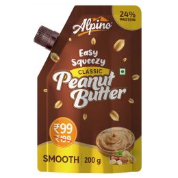 Alpino: Easy Squeezy Classic Peanut Butter Smooth | 24 G Protein | High Protein Peanut Butter Creamy | Gluten-Free | Vegan - 200 g