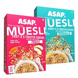 WIMWI Foods: Ultimate Breakfast Multigrain Muesli - DARK CHOCO (Almond, Dark Choco & 5 Toasted Grains) + FRUITZ (Fruits & 5 Toasted Grains) - 840 g (Pack of 2)