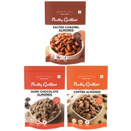 Nutty Gritties: Sweet Nuts combo- Coffee Almonds, Salted Caramel Almonds, Dark Chocolate Almonds - 300 g