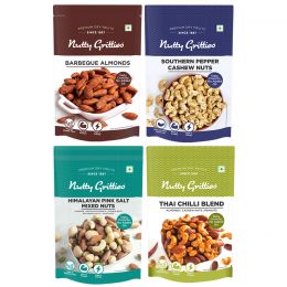 Nutty Gritties: Savoury Nuts combo- Pepper cashews, Barbeque Almonds, Thai Chilli Blend, Himalayan Pink Salt Mix - 400 g