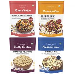 Nutty Gritties: Protein-Rich Nuts & Mixes- 4PM Nut Mix, Mom's Superfood Mix, Salted Peanuts and Sports Mix - 800 g